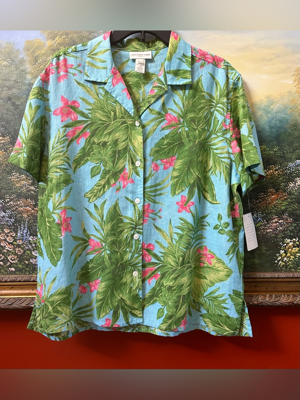 Jones New York Sport Short Sleeve Women’s 100% Linen Hawaiian Shirt Large